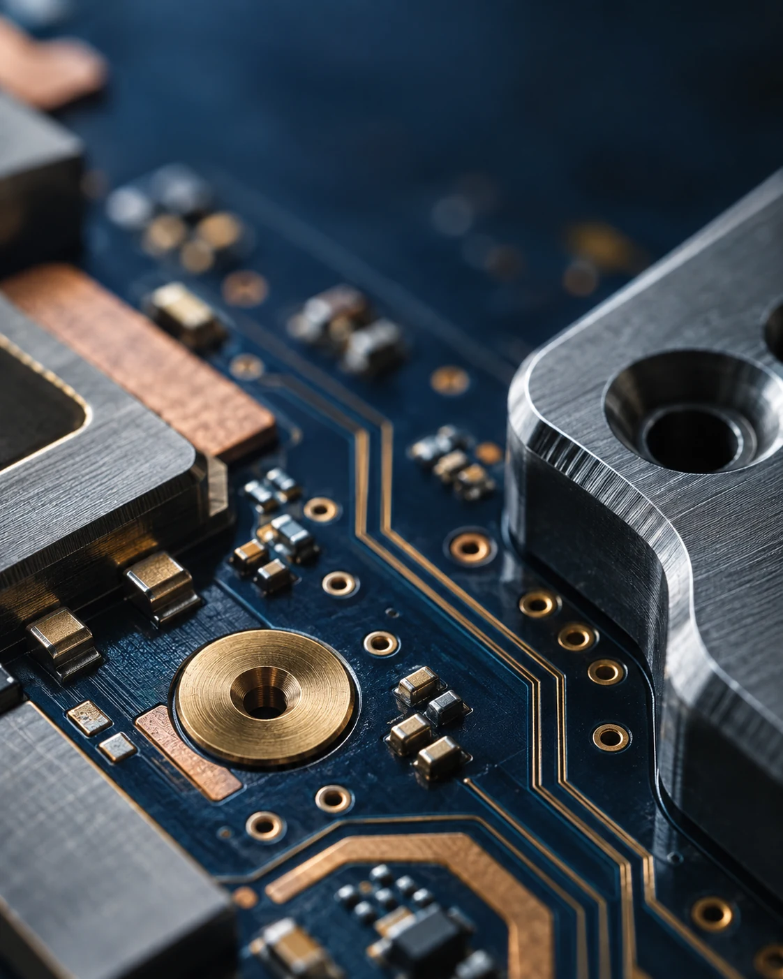 Conceptual close-up of electronic circuitry and precision metal components
